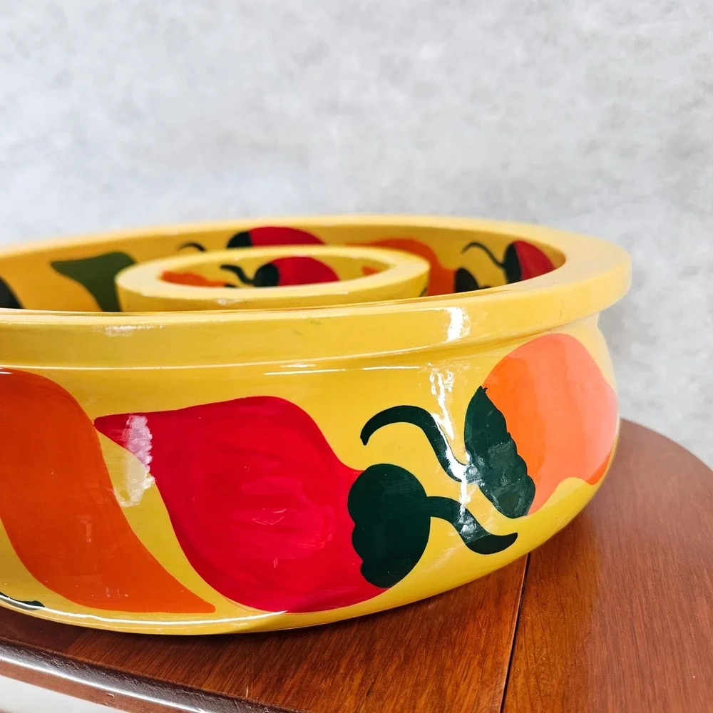 Hand Painted‎ Chili Pepper Wooden Chip & Dip Bowl Set Yellow Southwestern Vtg